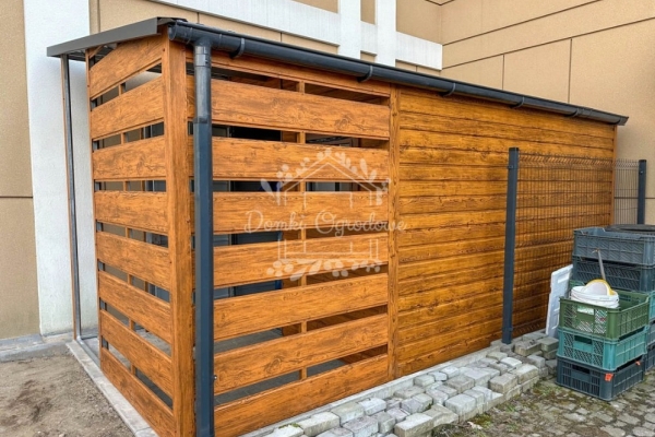 Ogłoszenie - Schowek - domek ogrodowy 2,5x4m + wiata 1,5 m - drzwi - jasny orzech - drewnopodobny - rynny - dach spad w bok ID1073. Zdjęcie 4