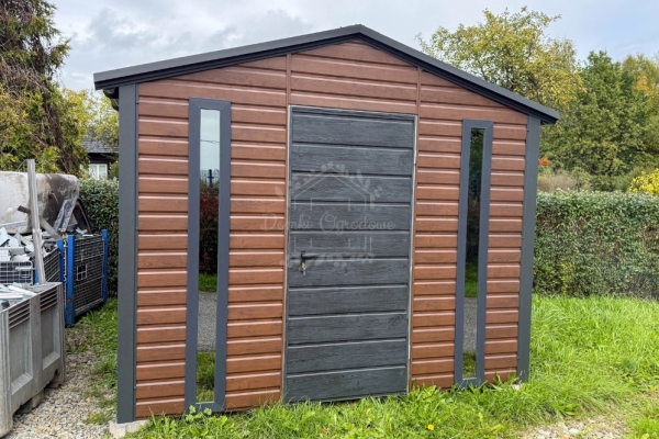Ogłoszenie - Schowek - domek ogrodowy 3x3m - drzwi - 2x okno - ciemny orzech - drewnopodobny - rynny - dach dwuspadowy ID1105. Zdjęcie 4