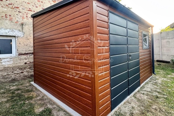 Ogłoszenie - Schowek - domek ogrodowy 4x2m - brama dwuskrzydłowa - okno - złoty dąb - drewnopodobny - rynna - dach spad w przód ID107. Zdjęcie 3