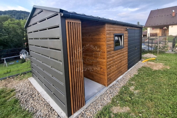 Ogłoszenie - Schowek - domek ogrodowy 4x2,5m - wiata 2m - brama - okno - jasny orzech - drewnopodobny - dekor z lameli - rynna ID1106. Zdjęcie 6