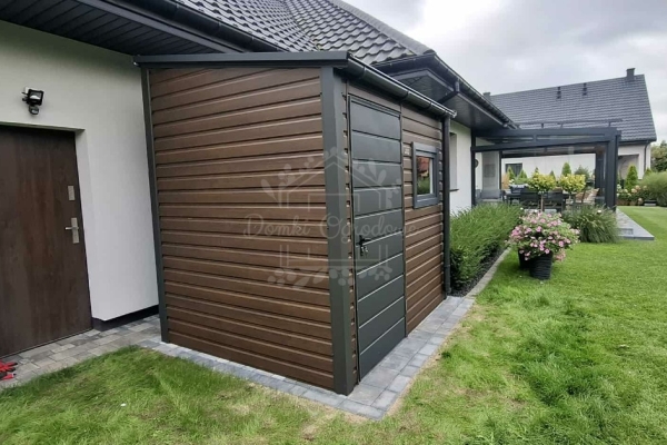 Ogłoszenie - Schowek - domek ogrodowy 2,5x2,5m - drzwi - okno - ciemny orzech - antracyt - dach spad w przód - rynny ID1128. Zdjęcie 2