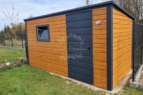 Ogłoszenie - Schowek - domek ogrodowy 4x2m - drzwi- okno - jasny orzech - drewnopodobny - dach spad w tył ID1021. Zdjęcie 2