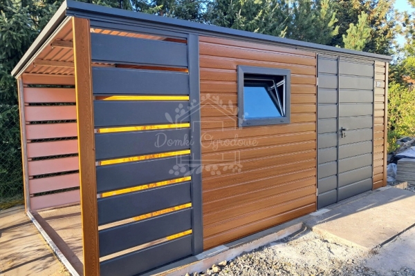 Ogłoszenie - Schowek - domek ogrodowy 4x2,5m + wiata 1m - brama dwuskrzydłowa - jasny orzech - okno - drewnopodobny - ID1019. Zdjęcie 3