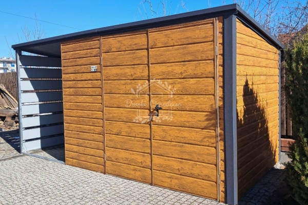 Ogłoszenie - Schowek - domek ogrodowy 3,5x2m + wiata 1,5m - Brama dwuskrzydłowa - jasny orzech - drewnopodobny - dach spad w tył ID97. Zdjęcie 3