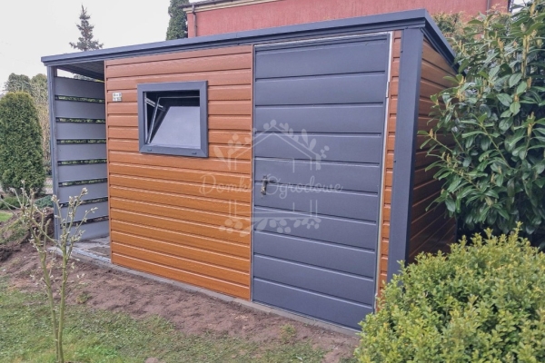 Ogłoszenie - Schowek - domek ogrodowy 2,5x2m + wiata 0,5m - drzwi - okno - złoty dąb - drewnopodobny - dach spad w tył ID996. Zdjęcie 2