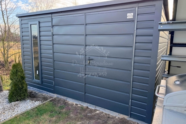 Ogłoszenie - Schowek - domek ogrodowy 3,5x4m + wiata 0,5m - brama dwuskrzydłowa - okno - antracyt - dach spad w tył - rynny ID1074. Zdjęcie 3