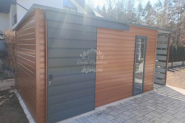 Ogłoszenie - Schowek - domek ogrodowy 4,4x2,5m + wiata 1,1x2,5m - drzwi przesuwne - drzwi - okno - antracyt - jasny brąz - dach spad. Zdjęcie 2