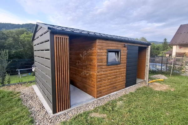 Ogłoszenie - Schowek - domek ogrodowy 4x2,5m - wiata 2m - brama - okno - jasny orzech - drewnopodobny - dekor z lameli - rynna ID1106. Zdjęcie 5