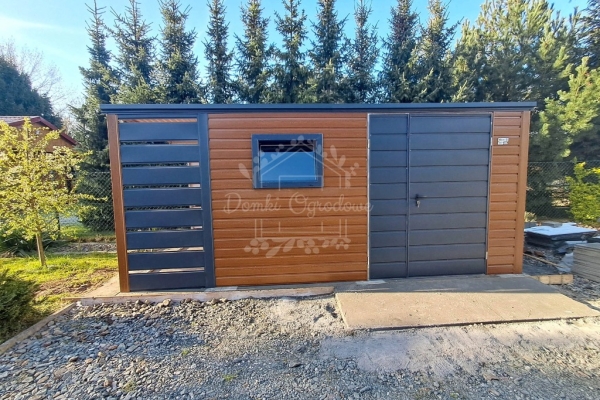 Ogłoszenie - Schowek - domek ogrodowy 4x2,5m + wiata 1m - brama dwuskrzydłowa - jasny orzech - okno - drewnopodobny - ID1019. Zdjęcie 5