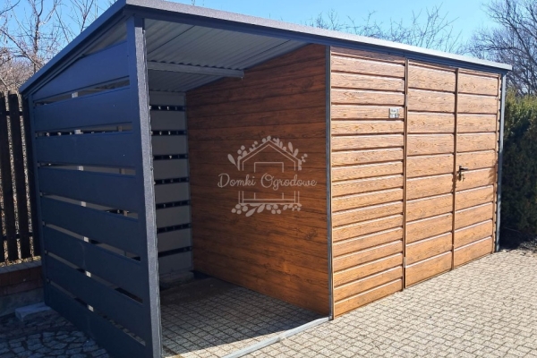 Ogłoszenie - Schowek - domek ogrodowy 3,5x2m + wiata 1,5m - Brama dwuskrzydłowa - jasny orzech - drewnopodobny - dach spad w tył ID97. Zdjęcie 2