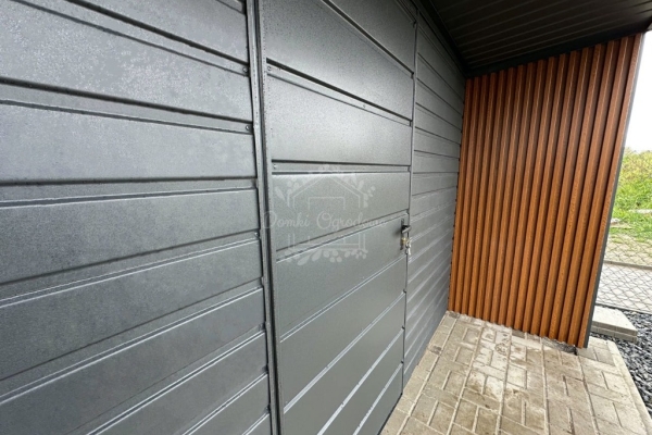 Ogłoszenie - Schowek - domek ogrodowy 4x3m - wiata 4x1m - antracyt - dach spad w tył - podbitka - zabudowa lamelami ID1077. Zdjęcie 4