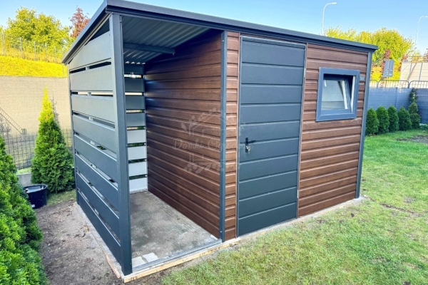 Ogłoszenie - Schowek - domek ogrodowy 2,5x2m - wiata 1m - drzwi - okno - ciemny orzech - drewnopodobny - dach spad w tył ID1103. Zdjęcie 4