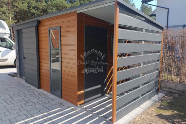 Ogłoszenie - Schowek - domek ogrodowy 4,4x2,5m + wiata 1,1x2,5m - drzwi przesuwne - drzwi - okno - antracyt - jasny brąz - dach spad. Zdjęcie 4