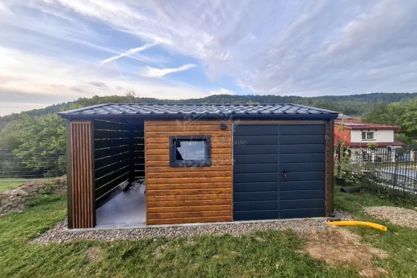 Ogłoszenie - Schowek - domek ogrodowy 4x2,5m - wiata 2m - brama - okno - jasny orzech - drewnopodobny - dekor z lameli - rynna ID1106. Zdjęcie 3