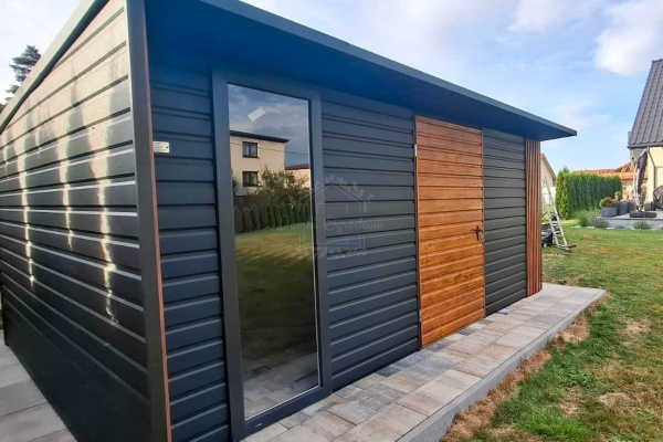 Ogłoszenie - Schowek - domek ogrodowy 4x4 - drzwi - okno - antracyt - dekor z lameli - dach spad w tył ID1107. Zdjęcie 4