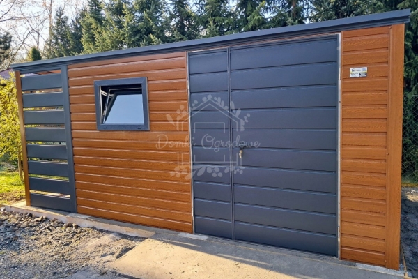 Ogłoszenie - Schowek - domek ogrodowy 4x2,5m + wiata 1m - brama dwuskrzydłowa - jasny orzech - okno - drewnopodobny - ID1019. Zdjęcie 2