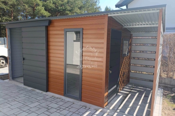 Ogłoszenie - Schowek - domek ogrodowy 4,4x2,5m + wiata 1,1x2,5m - drzwi przesuwne - drzwi - okno - antracyt - jasny brąz - dach spad. Zdjęcie 3
