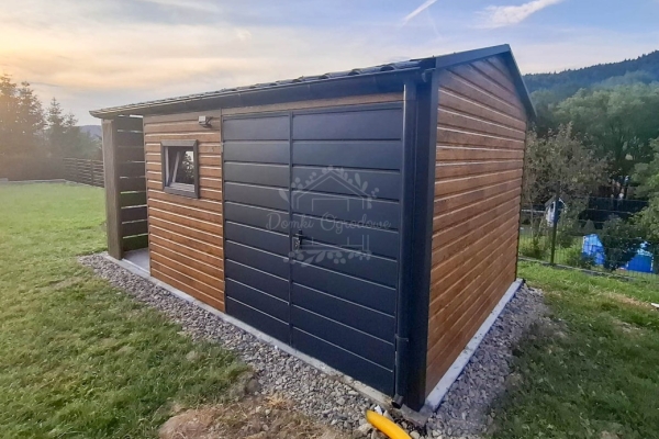 Ogłoszenie - Schowek - domek ogrodowy 4x2,5m - wiata 2m - brama - okno - jasny orzech - drewnopodobny - dekor z lameli - rynna ID1106. Zdjęcie 2