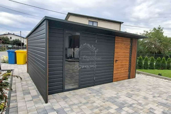 Ogłoszenie - Schowek - Domek ogrodowy 5x4m - brama dwuskrzydłowa - okno - jasny orzech -  antracyt - dach spad w tył - ID1137. Zdjęcie 2