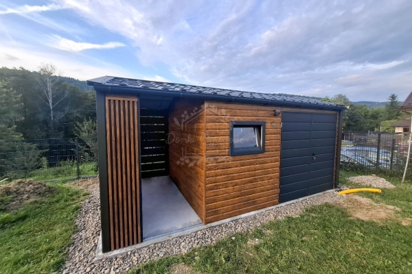 Ogłoszenie - Schowek - domek ogrodowy 4x2,5m - wiata 2m - brama - okno - jasny orzech - drewnopodobny - dekor z lameli - rynna ID1106. Zdjęcie 4