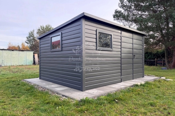 Ogłoszenie - Schowek - domek ogrodowy 4x3 m - brama dwuskrzydłowa - 2x okno - antracyt - dach spad do tyłu - rynna ID1112. Zdjęcie 6