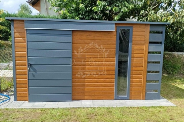 Ogłoszenie - Schowek - domek ogrodowy 4,5x2,5m - wiata 0,5m - drzwi przesuwne - okno drewnopodobny - dach spad w tył ID1087. Zdjęcie 4