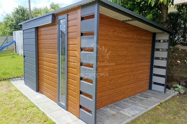 Ogłoszenie - Schowek - domek ogrodowy 4,5x2,5m - wiata 0,5m - drzwi przesuwne - okno drewnopodobny - dach spad w tył ID1087. Zdjęcie 2