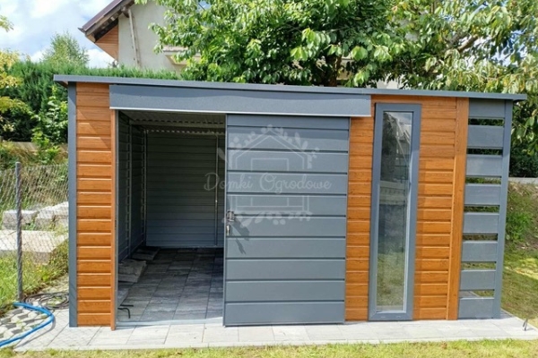 Ogłoszenie - Schowek - domek ogrodowy 4,5x2,5m - wiata 0,5m - drzwi przesuwne - okno drewnopodobny - dach spad w tył ID1087. Zdjęcie 6