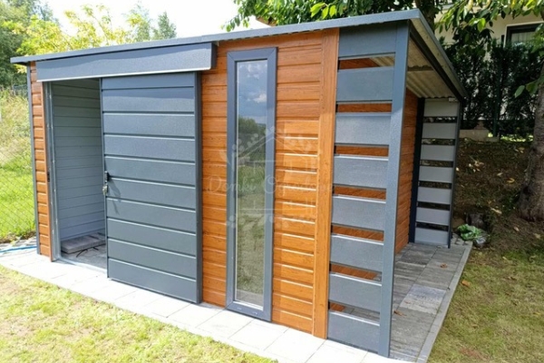 Ogłoszenie - Schowek - domek ogrodowy 4,5x2,5m - wiata 0,5m - drzwi przesuwne - okno drewnopodobny - dach spad w tył ID1087. Zdjęcie 3