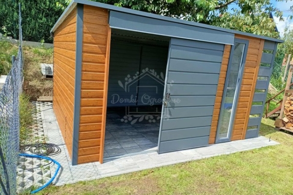 Ogłoszenie - Schowek - domek ogrodowy 4,5x2,5m - wiata 0,5m - drzwi przesuwne - okno drewnopodobny - dach spad w tył ID1087. Zdjęcie 5