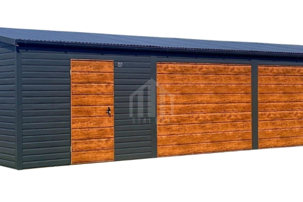 Ogłoszenie - Garaż blaszany 9x6m - wiata 2m - 2x brama uchylna - drzwi - 4x okno - antracyt - rynna - dach dwuspadowy odwrócony SO156. Zdjęcie 1