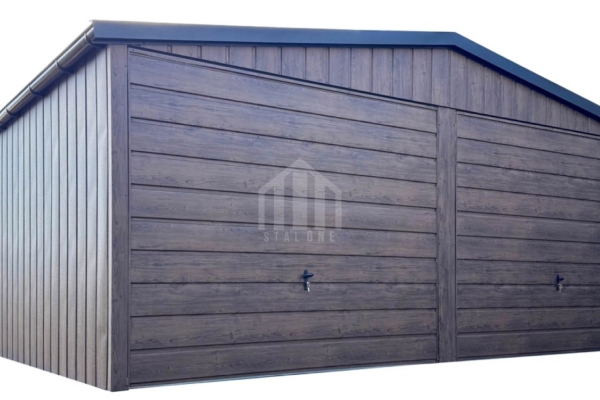 Ogłoszenie - Garaż blaszany 6x6m - 2x brama uchylna - ciemny orzech - drewnopodobny - rynny - dach dwuspadowy SO169. Zdjęcie 1