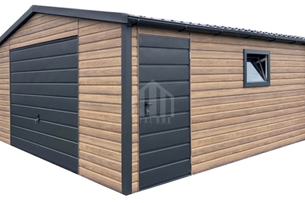 Ogłoszenie - Garaż blaszany 6x5m - brama uchylna - drzwi - okno - winchester - drewnopodobny - dach dwuspadowy - rynny  SO174. Zdjęcie 1