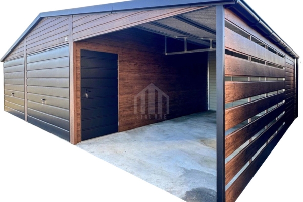 Ogłoszenie - Garaż blaszany 6x6m + wiata 3x6m - 2 x brama uchylna - drzwi - okno drewnopodobny - dach dwuspadowy - rynny SO175. Zdjęcie 1