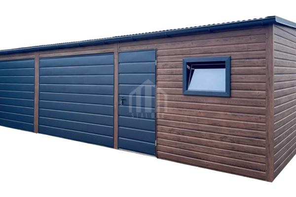 Ogłoszenie - Garaż blaszany 10x3m - 2x brama - drzwi - 2x okno - ciemny orzech - drewnopodobny - rynna - dach spad w przód SO157. Zdjęcie 2