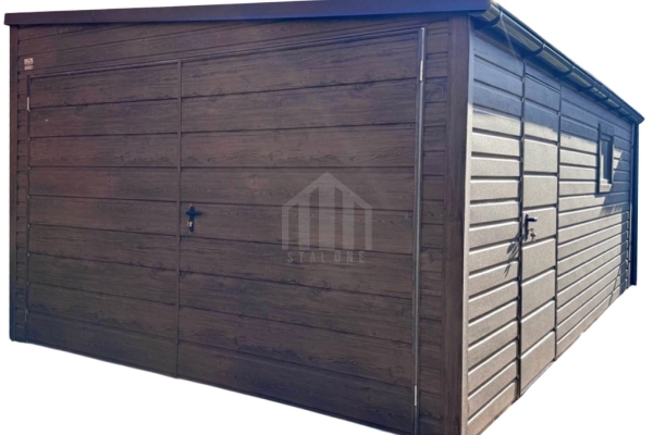 Ogłoszenie - Garaż blaszany 3,5x5m - brama dwuskrzydłowa - drzwi - okno - ciemny orzech - drewnopodobny - dach spad w bok SO181. Zdjęcie 1