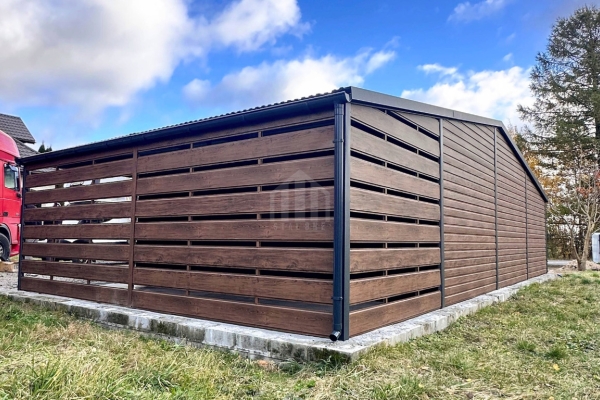 Ogłoszenie - Garaż blaszany 9x6m + wiata 3x6m - 2 x brama uchylna - drzwi - okno - drewnopodobny - dach dwuspadowy - rynny SO176. Zdjęcie 6