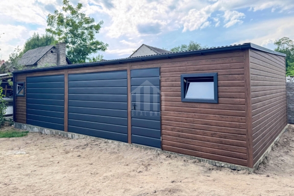 Ogłoszenie - Garaż blaszany 10x3m - 2x brama - drzwi - 2x okno - ciemny orzech - drewnopodobny - rynna - dach spad w przód SO157. Zdjęcie 1