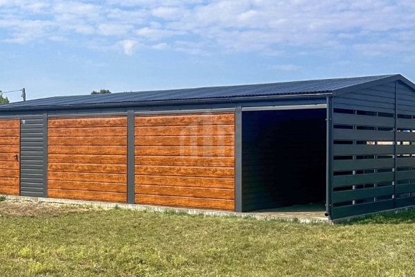 Ogłoszenie - Garaż blaszany 9x6m - wiata 2m - 2x brama uchylna - drzwi - 4x okno - antracyt - rynna - dach dwuspadowy odwrócony SO156. Zdjęcie 2