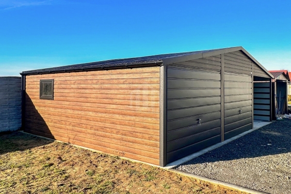 Ogłoszenie - Garaż blaszany 6x6m + wiata 3x6m - 2 x brama uchylna - drzwi - okno drewnopodobny - dach dwuspadowy - rynny SO175. Zdjęcie 4