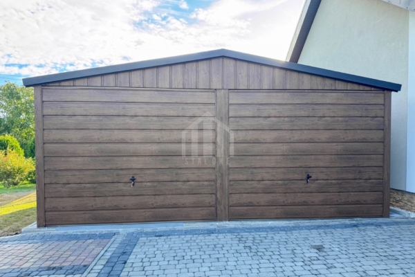 Ogłoszenie - Garaż blaszany 6x6m - 2x brama uchylna - ciemny orzech - drewnopodobny - rynny - dach dwuspadowy SO169. Zdjęcie 6