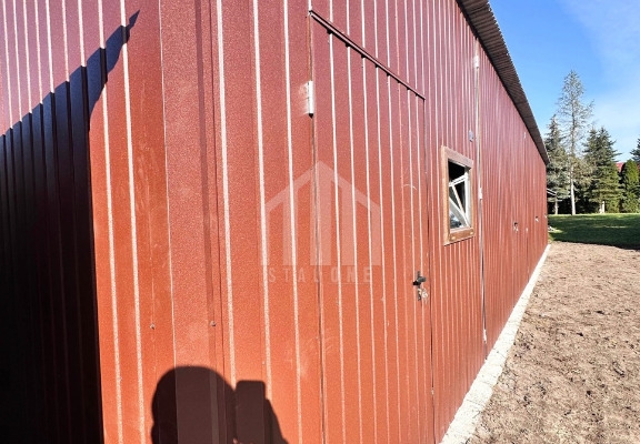 Ogłoszenie - Hala - Garaż blaszany 12x5m - 3x brama dwuskrzydłowa - drzwi - okno - jasny brąz - dach spad w tył - rynna  SO172. Zdjęcie 2