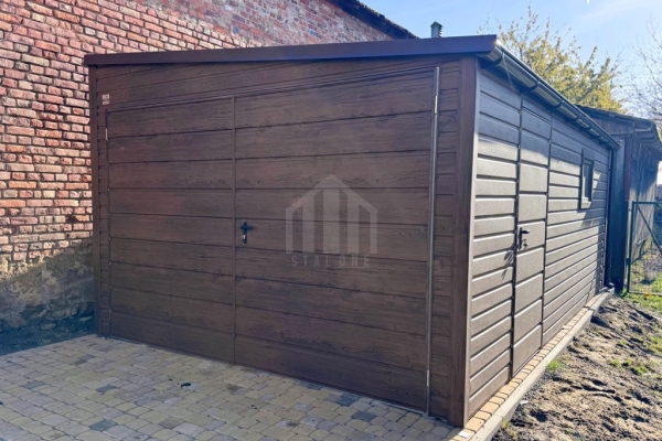 Ogłoszenie - Garaż blaszany 3,5x5m - brama dwuskrzydłowa - drzwi - okno - ciemny orzech - drewnopodobny - dach spad w bok SO181. Zdjęcie 4