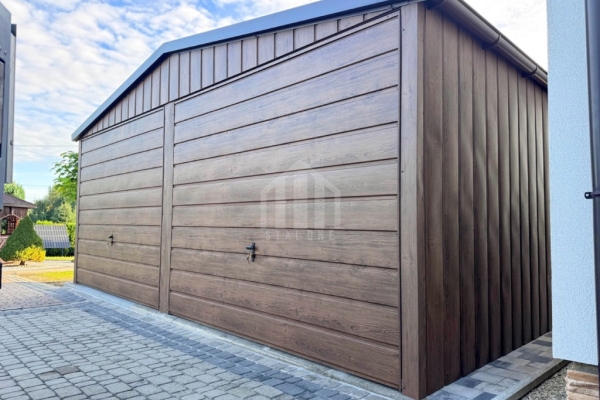 Ogłoszenie - Garaż blaszany 6x6m - 2x brama uchylna - ciemny orzech - drewnopodobny - rynny - dach dwuspadowy SO169. Zdjęcie 3