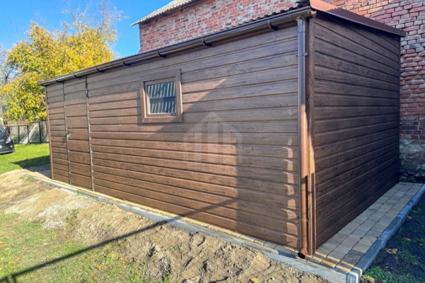 Ogłoszenie - Garaż blaszany 3,5x5m - brama dwuskrzydłowa - drzwi - okno - ciemny orzech - drewnopodobny - dach spad w bok SO181. Zdjęcie 5
