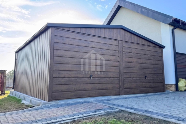 Ogłoszenie - Garaż blaszany 6x6m - 2x brama uchylna - ciemny orzech - drewnopodobny - rynny - dach dwuspadowy SO169. Zdjęcie 2