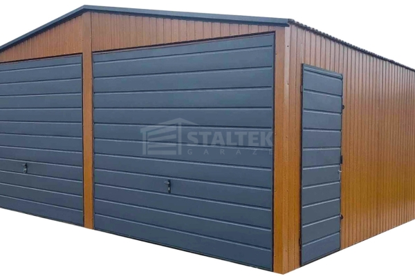 Ogłoszenie - Garaż blaszany 6x6 2x Brama + drzwi  jasny orzech drewnopodobny + antracyt Dach dwuspadowy ST110. Zdjęcie 1