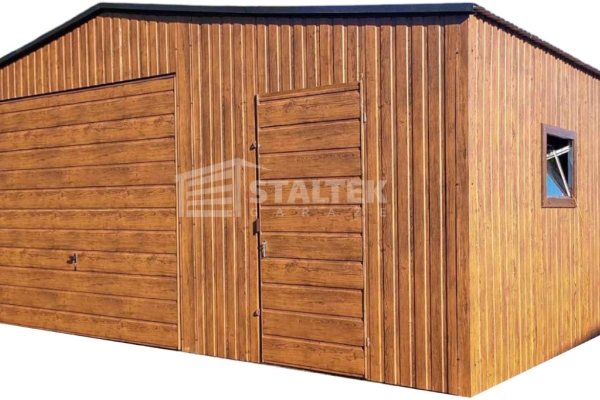 Ogłoszenie - Garaż blaszany 6x6 Brama + drzwi + 2x okno drewnopodobny - jasny orzech  + antracyt Dach dwuspadowy ST111. Zdjęcie 1