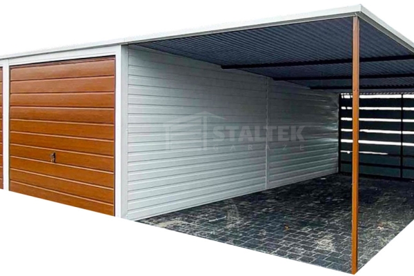 Ogłoszenie - Garaż blaszany 6x6 + wiata 3,5 2x Brama uchylna + biały + drewnopodobny spad w tył ST113. Zdjęcie 1