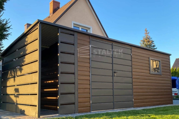 Ogłoszenie - Schowek - domek ogrodowy 6x3 + wiata 1m - brama - okno - ciemny orzech - drewnopodobny dach spad w tył ST105. Zdjęcie 2